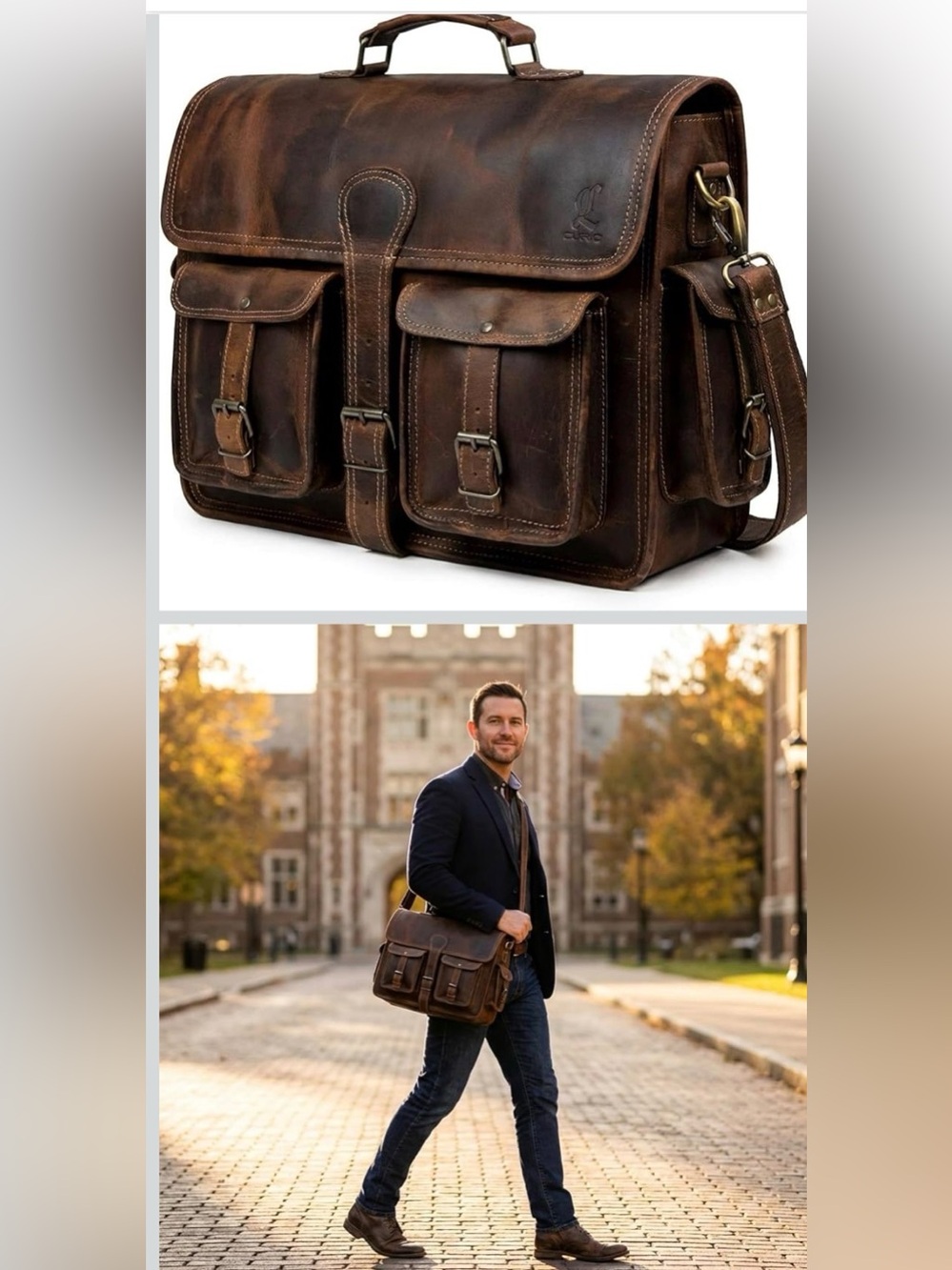 Men’s Dark Brown Leather Briefcase with Front Pockets